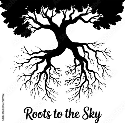 Roots to the Sky - Striking Black Silhouette Vector Illustration of a Tree with Extensive Roots