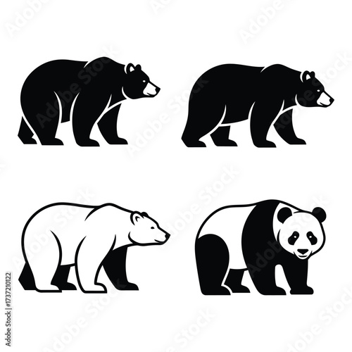 Set of four diverse bear silhouettes including grizzly polar and panda styles simple graphics silhouette