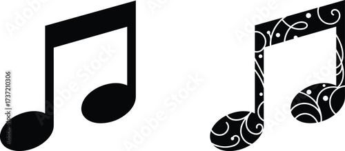 Eighth note silhouette, decorative music icon, black vector design, rhythm symbol, editable graphic, melody element, ornate sound, musical art