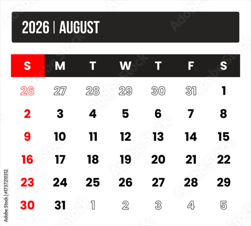2026 (1 months august) universal calendar vector design, international format suitable for global use, modern minimal template for print and digital applications