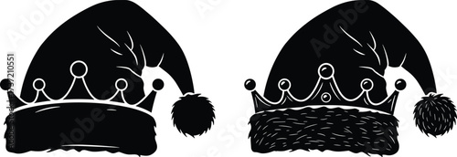 Santa hat silhouette, crown fusion, festive icon, holiday royalty, black vector design, Christmas symbol, regal theme, editable graphic, celebration concept