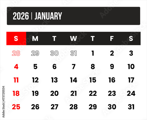2026 (1 month january) universal calendar vector design, international format suitable for global use, modern minimal template for print and digital applications