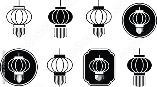 Collection of Chinese Lantern Icons in Black and White
