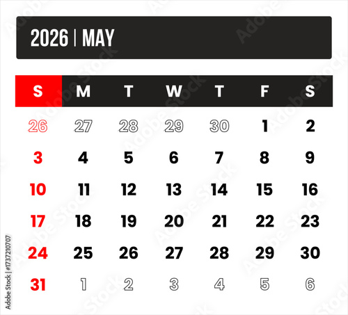 2026 (1 month may) universal calendar vector design, international format suitable for global use, modern minimal template for print and digital applications