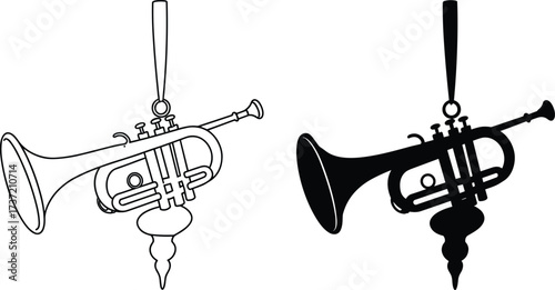 Trumpet ornament silhouette, hanging musical icon, decorative pendant design, black vector art, festive sound, editable graphic, celebration theme, melody symbol