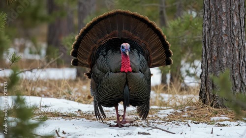 Wild turkey displaying feathers in a snowy forest during winter