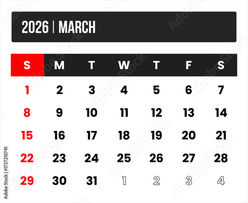 2026 (1 month march) universal calendar vector design, international format suitable for global use, modern minimal template for print and digital applications