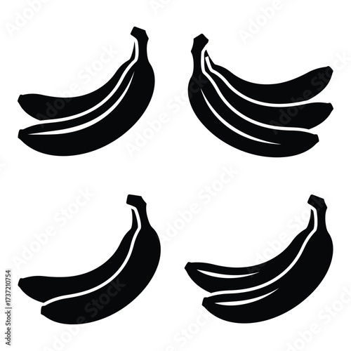 Four black silhouette clusters of ripe bananas artistic design elements fresh fruit food icons tropical produce silhouette