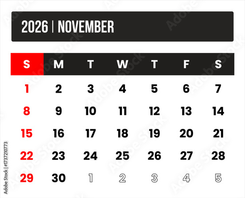 2026 (1 month november) universal calendar vector design, international format suitable for global use, modern minimal template for print and digital applications