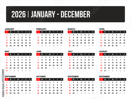 2026 (1 year january - december) universal calendar vector design, international format suitable for global use, modern minimal template for print and digital applications