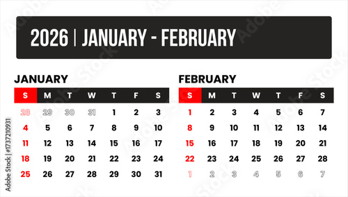 2026 (2 months january - february) universal calendar vector design, international format suitable for global use, modern minimal template for print and digital applications