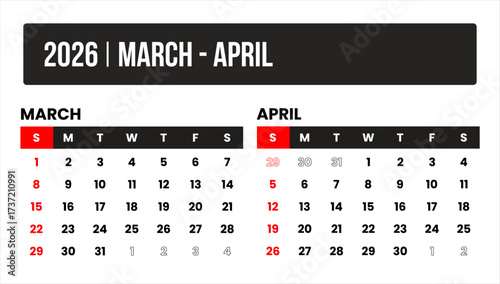 2026 (2 months march - april) universal calendar vector design, international format suitable for global use, modern minimal template for print and digital applications