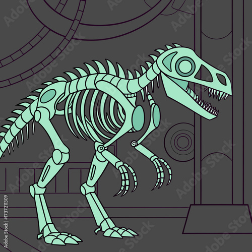 Mechanical dinosaur skeleton in a futuristic setting with metal structures