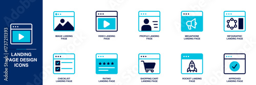 Landing Page Design Blue Colored Outline Icon Set