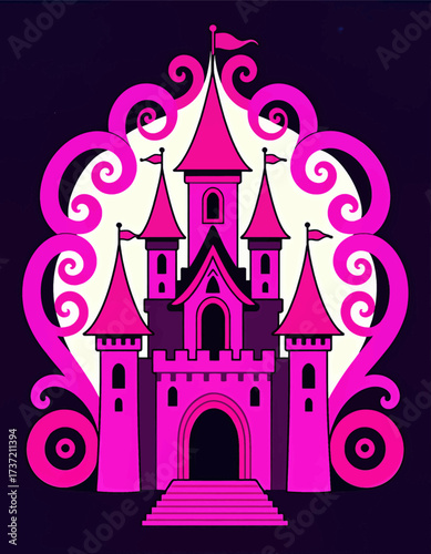 Magical Pink Castle with Swirling Clouds at Night