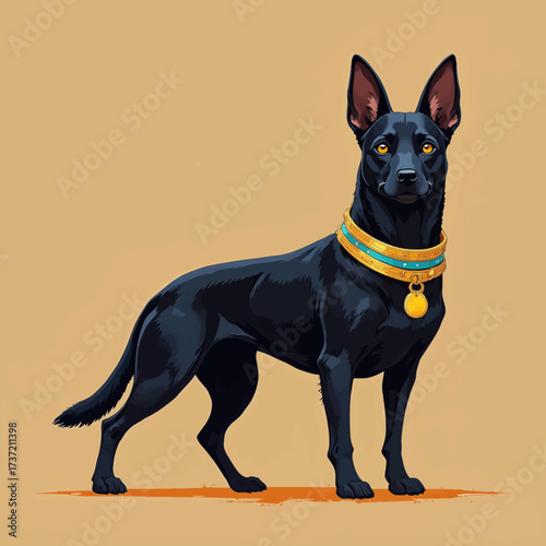 Majestic Black Dog in Golden Collar, Sand Dunes, Sunset Glow
