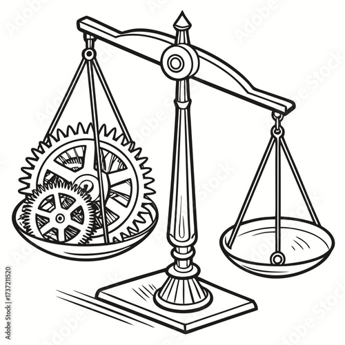Balance scale with gears, concept of equilibrium