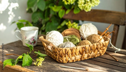 Yarn Balls in a Basket on Wooden Table with Cup and Plants