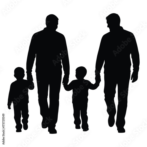 Silhouette of two fathers holding hands with two children walking together outdoors family scene silhouette