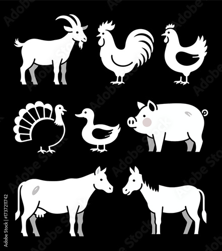 Minimalist Farm Animals Silhouettes on Black Background
