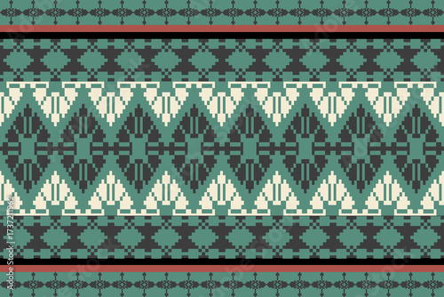 Brown-Green Tone Traditional Embroidery Art Abstract with Pixel Art Designs for Textile Print