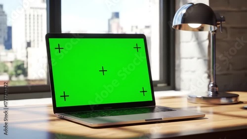 Wallpaper Mural Laptop with green screen on a wooden desk in a modern office with city view. Torontodigital.ca