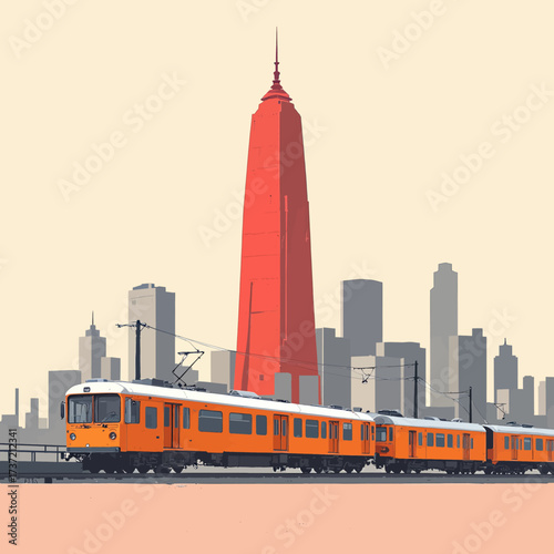 Modern Cityscape: Orange Train, Skyscrapers, Sunset