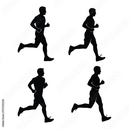 Dynamic running silhouettes four action poses athlete motion sport fitness cardio training silhouette