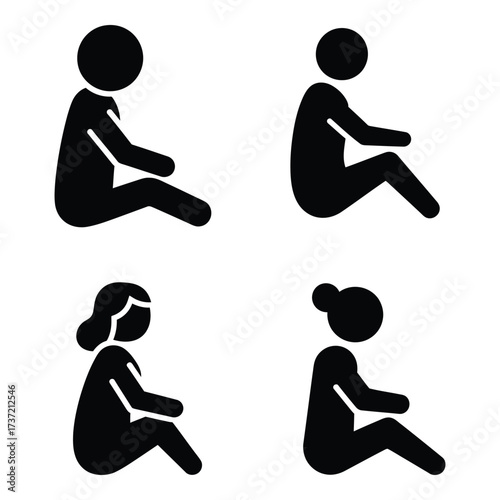 Four diverse stick figure people poses sitting down isolated icon set representation of human figures silhouette