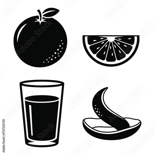 Fresh orange fruit slice juice and peel elements silhouette simple design for healthy lifestyle silhouette