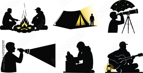Camping and outdoor adventure vector icons set collection of silhouette of people enjoying nature