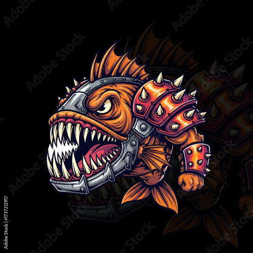 Armored Fish Mascot – Cartoon Combat Character with Spiked Helmet, Gauntlet Fist, and Angry Expression