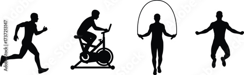 Silhouette of people exercising, including running, cycling, jumping rope, and stretching for fitness designs