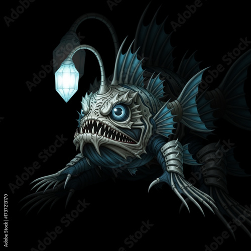 Armored Angler Monster Mascot – Cartoon Deep Sea Creature with Bioluminescent Lure and Clawed Limbs