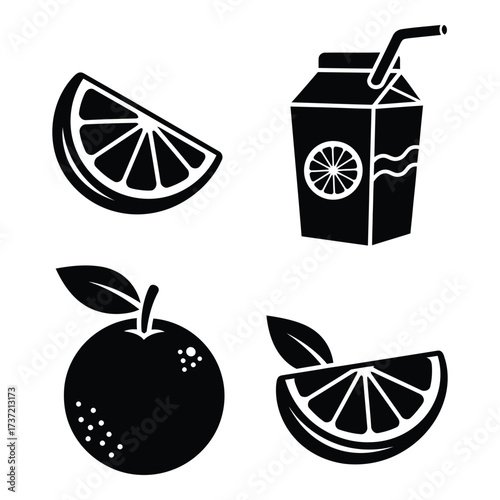 Citrus fruit and orange juice carton icons simple black white graphic elements for refreshment and healthy beverage designs silhouette