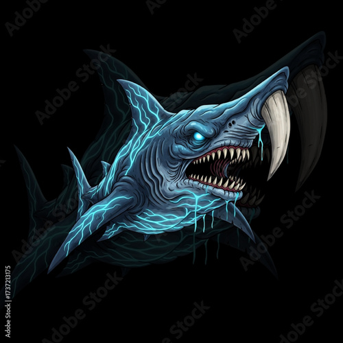 Saber Shark Monster Mascot – Cartoon Sea Creature with Glowing Eyes, Fangs, and Electric Veins
