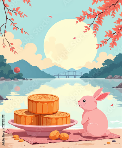 Moonlit Mid-Autumn Festival with Rabbit and Mooncakes