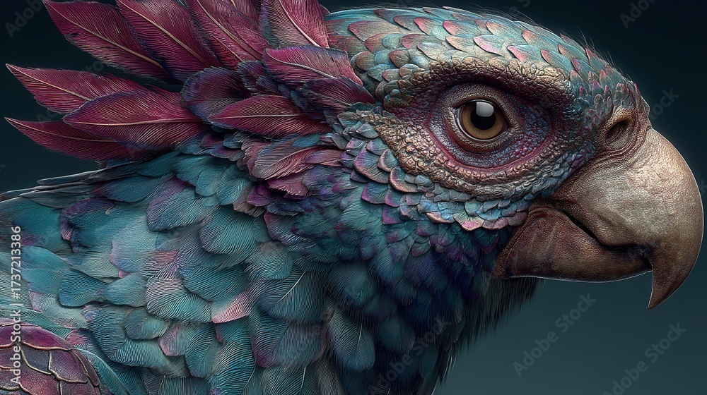 Fototapeta premium Hyper-realistic Colorful Parrot Head Close-up on Black 3D Render