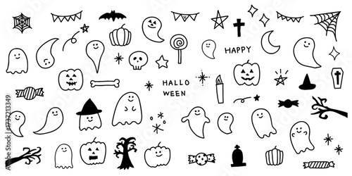 ハロウィン　手書き　イラスト　素材　ベクター　セット　黒