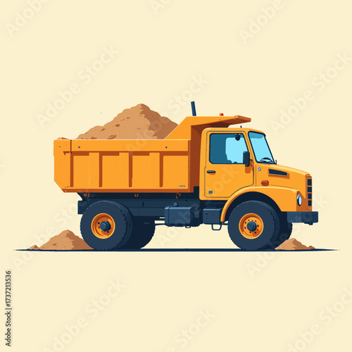 Orange Dump Truck Hauling Sand on Construction Site
