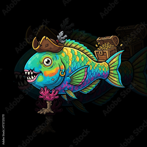 Pirate Fish Mascot – Cartoon Marine Character with Treasure Chest, Hat, Peg Leg, and Gold Coins