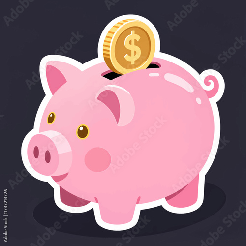 Pink Piggy Bank with Golden Coin on Dark Background