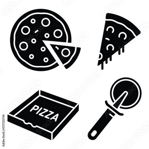 Iconographic set of pizza elements including whole pizza slice pizza box and pizza cutter silhouette