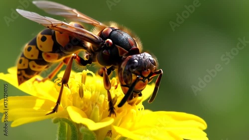 Macro Close Up View of a Hornet on a Yellow Flower.
