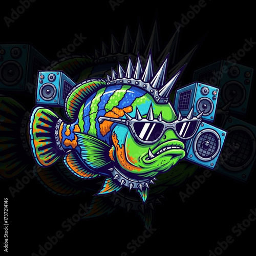 Punk Rock Fish Mascot with Spiked Mohawk and Speakers – Cartoon Music Character Illustration