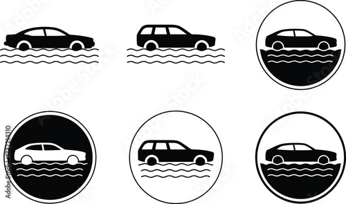 Icons of Cars Driving Through Water and Flooded Areas