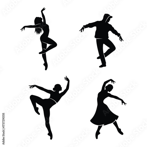 Dynamic silhouettes of four dancers in various ballet and modern poses capturing graceful movement silhouette