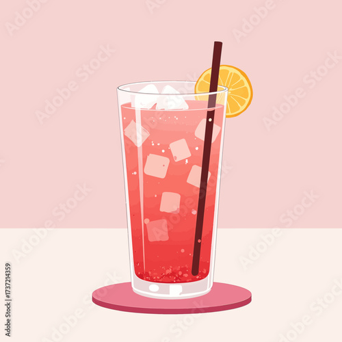 Refreshing Summer Drink with Ice and Lemon on Pink Background