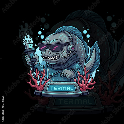 DJ Fish Mascot with Headset and Plug in Coral Scene – Cartoon Character Illustration
