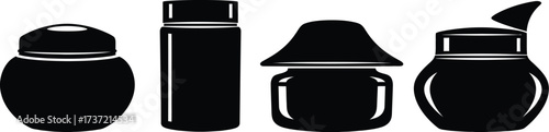 Collection of black cosmetic jars and bottles set of different shapes and sizes for beauty products